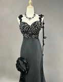 Elegant Black Mermaid Satin Beaded Sequin Long Prom Dress, Sweetheart Neck Evening Dress HZ1108
