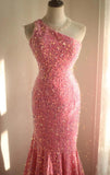 Sweet Pink Mermaid One Shoulder Sequined Pleated Long Prom Dress Backless Evening Dress HZ1108