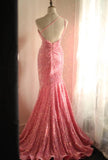 Sweet Pink Mermaid One Shoulder Sequined Pleated Long Prom Dress Backless Evening Dress HZ1108