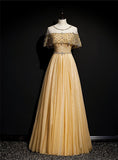 Gold A-Line Tulle Beading Sequins Long Prom Dress Lotus Leaf Sleeve Evening Dress HZ1108