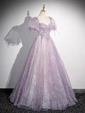 Sweet Lilac A-Line Sweetheart Tulle Beaded Long Prom Dress Puffy Sleeves Graduation Dress HZ1108