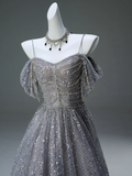 A-Line Spaghetti Strap Mesh Sequin Long Prom Dress Graduation Prom Adult Ceremony Dress HZ1108