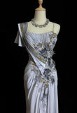 Mermaid Spaghetti Strap Chiffon Beaded Sequin Long Prom Dress Embroidered Applique Evening Gown HZ1108