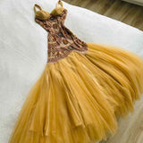 Dark Green Merimaid Spaghetti Strap Tulle Beaded Long Prom Dress Birthday Graduation Prom Dress HZ1108