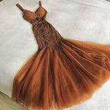 Dark Green Merimaid Spaghetti Strap Tulle Beaded Long Prom Dress Birthday Graduation Prom Dress HZ1108