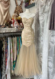 Yellow Mermaid Strapless Sweetheart Tulle Beaded Applique Long Prom Dress HZ1108