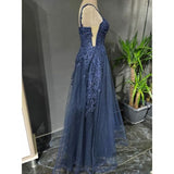 Gray Blue A-Line Spaghetti Strap Tulle Beaded Long Prom Dress Applique Graduation Prom Dress HZ1108