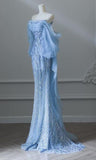 Sky Blue Mermaid Strapless Tulle Beaded Long Prom Dress Elegant Evening Dress HZ1108