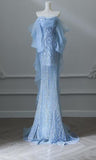 Sky Blue Mermaid Strapless Tulle Beaded Long Prom Dress Elegant Evening Dress HZ1108