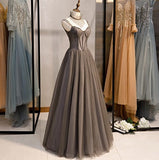 A-Line Spaghetti Strap Tulle Beaded Long Prom Dress Graduation Prom Dress Birthday Dress HZ1108