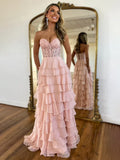 A-Line Sweetheart Neck Chiffon Lace Blue Long Prom Dress, Blue Long Graduation Dress HZ1108