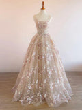 Sweet Light Champagne A-Line Tulle Sequin Applique Long Prom Dress Formal Evening Gowns HZ1108