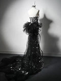 Modest Silver Mermaid Strapless Sequin Tulle Long Prom Dress Formal Evening Dress HZ1108