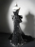 Modest Silver Mermaid Strapless Sequin Tulle Long Prom Dress Formal Evening Dress HZ1108