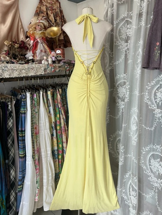 Elegant Yellow Mermaid Formal Dresses Halter Sequin Diamond Long Prom Dress Birthday Party Outfit HZ1108