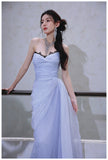 Purple A-Line Strapless Chiffon Pleated Long Prom Dress Chic Lace Graduation Prom Dress HZ1108