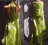 Yellow Simple Bodycon Dress Spaghetti Strap Chiffon Long Prom Dress Applique Graduation Prom Dress HZ1108