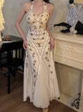 Mermaid Halter Neck Tulle Beading Vintage Long Prom Dress Birthday Dress HZ1108