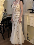 Mermaid Halter Neck Tulle Beading Vintage Long Prom Dress Birthday Dress HZ1108