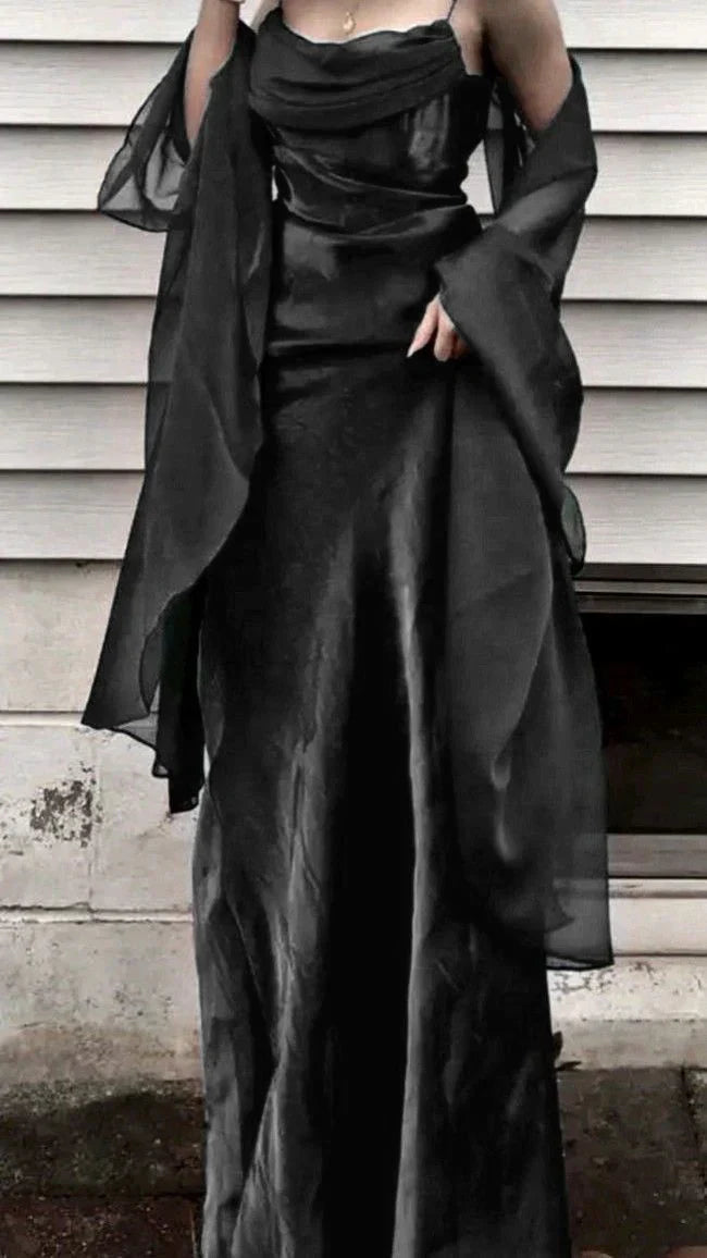 ??Vintage Dark Green Prom Dress Spaghetti Strap Chiffon Evening Gown with Shawl HZ1108