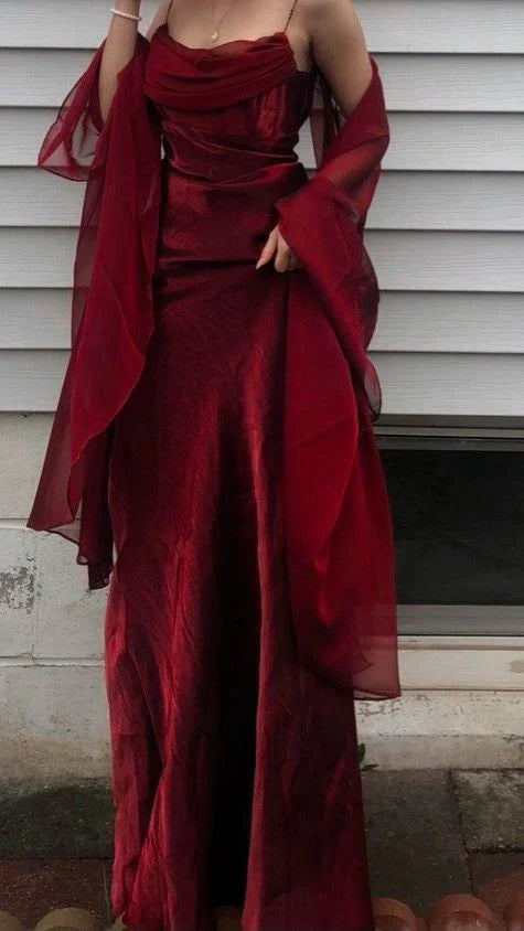 ??Vintage Dark Green Prom Dress Spaghetti Strap Chiffon Evening Gown with Shawl HZ1108