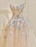 Simple Champagne A-Line Spaghetti Straps Tulle Applique Long Prom Dress Sweet Wedding Dress HZ1108