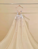 Simple Champagne A-Line Spaghetti Straps Tulle Applique Long Prom Dress Sweet Wedding Dress HZ1108