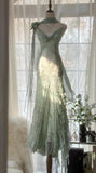 Elegant Green Mermaid Formal Dresses Beaded Chiffon Open Back Long Prom Dresses Spaghetti Straps Guest Dresses HZ1108