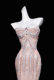 Pink Mermaid Strapless Tulle Diamond Long Prom Dress Sweet Wedding Dress Formal Dress HZ1108