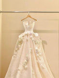 A-Line Spaghetti Strap Satin Long Prom Dress, Beautiful Applique Wedding Dress HZ1108