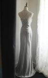 Silver Meimaid Satin Spaghetti Straps Beaded Long Prom Dress Sweetheart Neckline Formal Evening Dress HZ1108