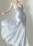 Retro Silver Mermaid Spaghetti Straps Satin Long Prom Dress Beaded Evening Dress HZ1108