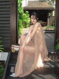 French style mesh ribbon tube top dress backless holiday maxi dress HZ1108
