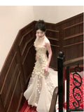 Light Apricot Mermaid Turtleneck Tulle 3D Flower Prom Dress HZ1108