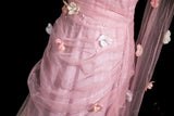 Pink Mermaid Strapless Tulle 3D Applique Long Prom Dress Sweet Wedding Dress HZ1108