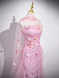 Pink Mermaid Strapless Tulle 3D Applique Long Prom Dress Sweet Wedding Dress HZ1108