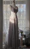 Gray Purple A-Line V Neck Tulle Lace Long Prom Dress Gorgeous Evening Dress HZ1108