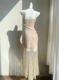 Flesh Pink Spaghetti Strap Mermaid Tulle Sequined Prom Dress Birthday Dress HZ1108