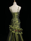 Dark Green Retro Mermaid Irregular Neckline Satin Beaded Long Prom Dress Birthday Graduation Prom Dress HZ1108