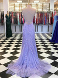 Sky Blue A-Line Spaghetti Strap Backless Elegant Tulle Applique Long Prom Dress HZ1108