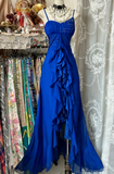 Elegant Black Chiffon Mermaid Party Dresses with Silt Spaghetti Straps Long Prom Dresses HZ1108
