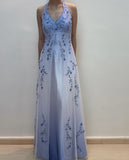 Vintage Gradient Purple Sheath Halter Neck Satin Prom Dress with Beaded Appliques HZ1108