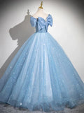 Light Blue A-Line Off Shoulder Tulle Sequins Long Prom Dress Evening Dress HZ1108