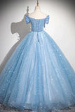 Light Blue A-Line Off Shoulder Tulle Sequins Long Prom Dress Evening Dress HZ1108