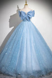 Light Blue A-Line Off Shoulder Tulle Sequins Long Prom Dress Evening Dress HZ1108