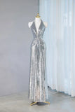 Silver Sequins Sheath V-Neck Long Prom Dress Shiny Evening Dress HZ1108