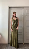 Olive Green Mermaid Spaghetti Straps Satin Beaded Long Prom Dress Evening Dress HZ1108