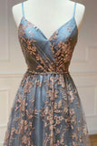 Grey A-Line Spaghetti Strap Tulle Long Prom Dress Sequins Evening Gown with Slits HZ1108