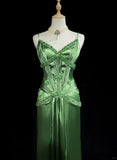 Green Spaghetti Strap Sheath Satin Beaded Prom Dress Evening Gown HZ1108
