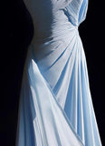 Gorgeous Blue A-line Chiffon Pleated One Shoulder Slit Long Evening Gown Wedding Guest Dress HZ1108